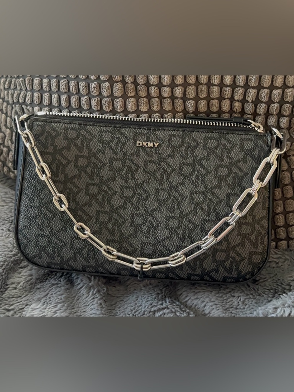 Dkny Black and Dark Gray Logo Chain Shoulder Bag